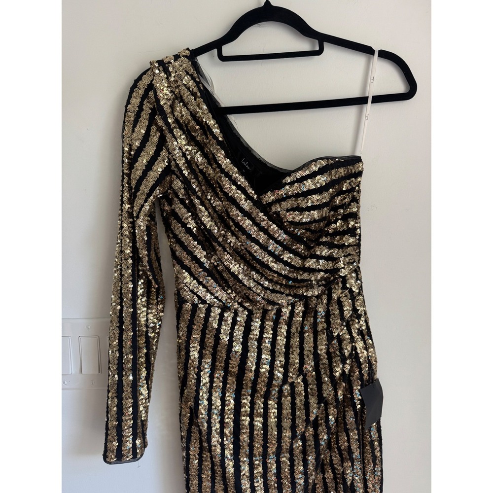 Lulus Gold Black Sequin One Shoulder Midi Dress Stripe Long Sleeve M NEW - Picture 3 of 16